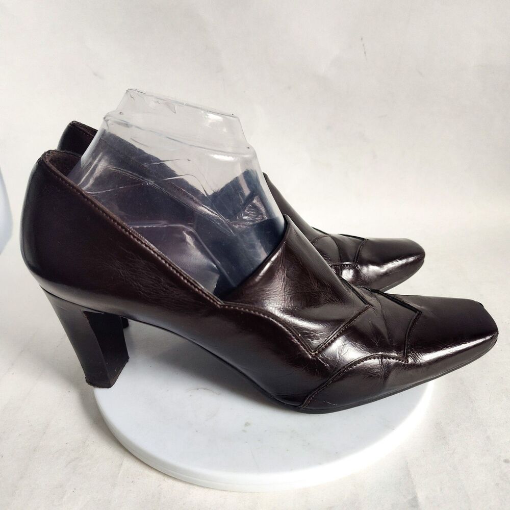 90s Y2K Franco Sarto Faux Patent Leather Heels 10 M Pumps Square Toe Brown Vegan